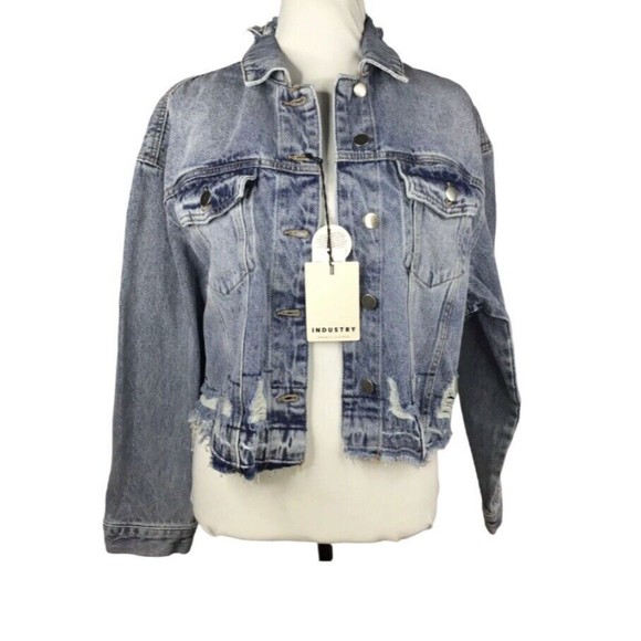 Industries Jeans Jacket Women Sz.Large Blue Denim Long Sleeve Distressed Raw Hem - Picture 2 of 8